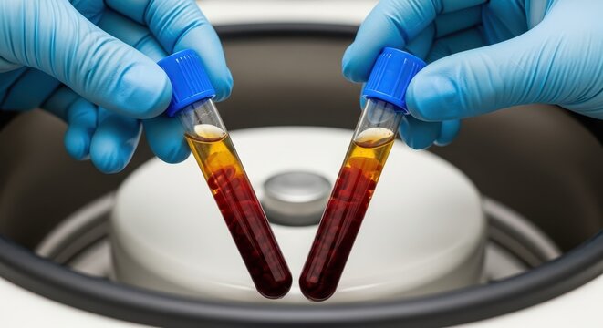Medical professional holding blood samples in test tubes after centrifugation for plasma separation and clinical analysis.