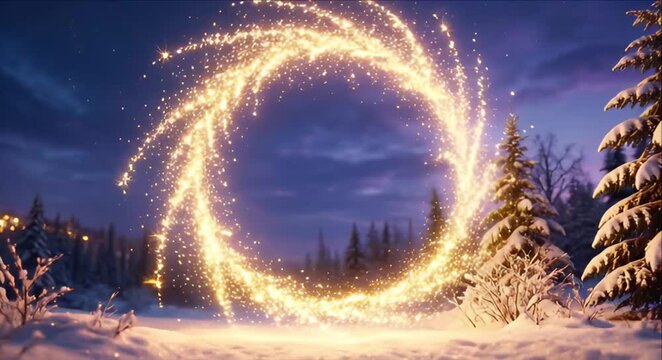 Winter landscape with golden spark glowing ring snow forest pine tree night sky, glowing ring snowy forest dusk with sparkling light and winter trees creating magical holiday scene, winter forest