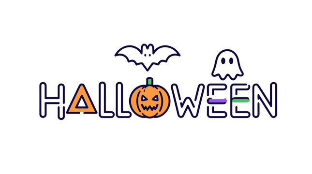 Halloween themed graphic logo featuring a pumpkin as O with bat and ghost accents.