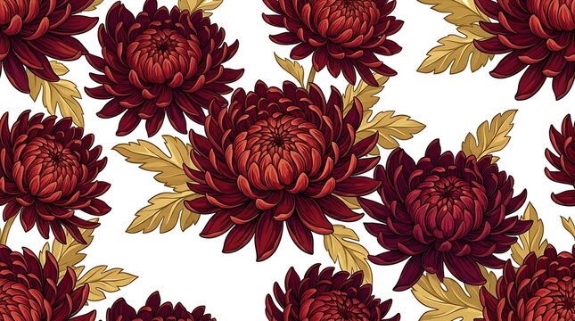 Seamless pattern with burgundy chrysanthemum flowers and gold leaves
