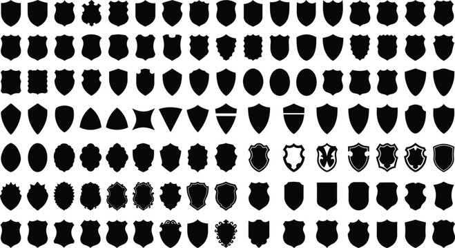 Collection of shield emblems in silhouette against a white background symbolizing security and protection