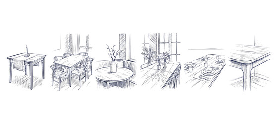 Obraz premium Dining table sketch illustration set of hand drawn wooden furniture line art drawings for home interior design concepts including chairs plates vases and modern dining room settings on white backgroun