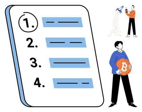 Checklist and people with bitcoin and rocket launch vector illustration. Financial planning, investment strategy, startup growth, digital currency, task management, wealth building. To do list