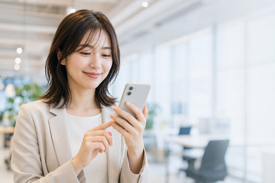 オフィスでスマホを操作する日本人ビジネスウーマン Generative AI