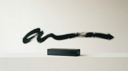 Obraz premium Black rectangular podium on white shelf with abstract black brush stroke on wall behind photography