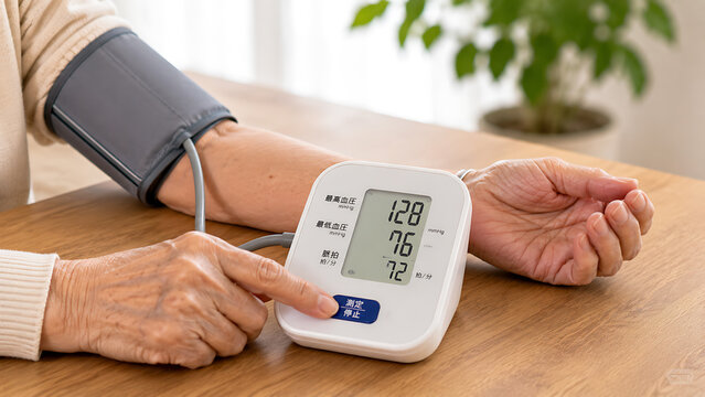 家庭用血圧計で血圧を測る高齢者の手 健康管理や生活習慣病予防イメージ