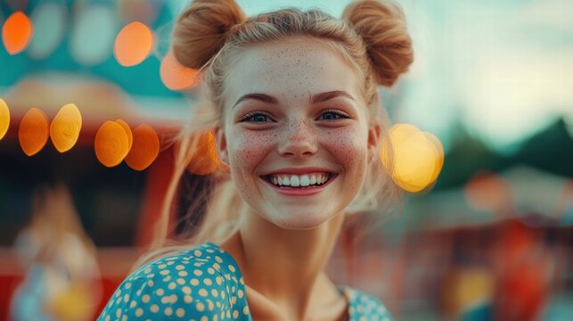 happy girl with freckles at the fair