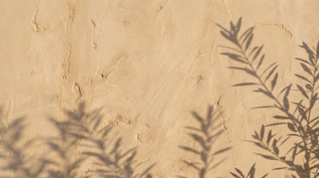Shadow of olive branch leaves on textured beige wall with natural light