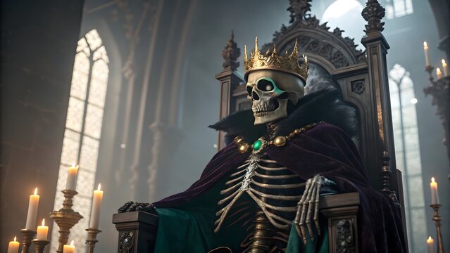 Halloween skeleton king on gothic throne in dramatic lighting. Dark fantasy monarch with crown and regal cloak in eerie cathedral setting.