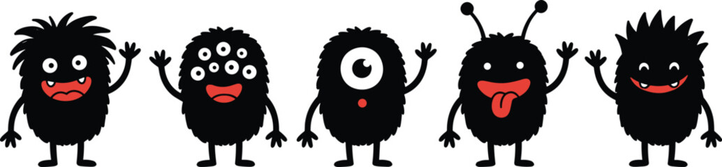 Cute black fuzzy monster vector set featuring spooky cartoon alien silhouettes with various funny eyes and smiling faces for Halloween design elements © MdRobiul