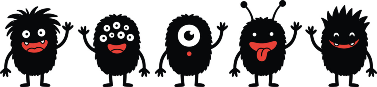 Cute black fuzzy monster vector set featuring spooky cartoon alien silhouettes with various funny eyes and smiling faces for Halloween design elements