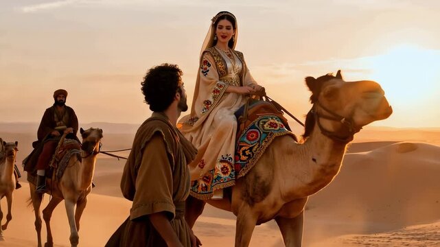 Old Testament Scene, Rebekah Riding A Camel While Abraham's Servant Leads The Journey To Isaac In The Land Of Canaan