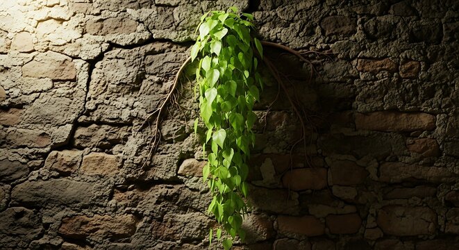 Moss covered stone wall with green plant growth.