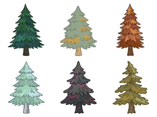 Obraz premium Six stylized coniferous pine trees featuring varied seasonal colors and artistic hand drawn outlines isolated on a solid white background