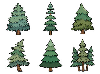 Fototapeta premium Collection of hand drawn evergreen pine trees featuring distinct shapes and vibrant green foliage isolated on a white background surface