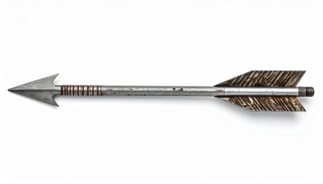 Traditional arrow with metallic shaft, triangular point, feather fletching, craftsmanship, aerodynamic design.
