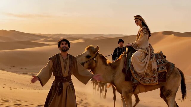 Old Testament Scene, Rebekah Riding A Camel While Abraham's Servant Leads The Journey To Isaac In The Land Of Canaan
