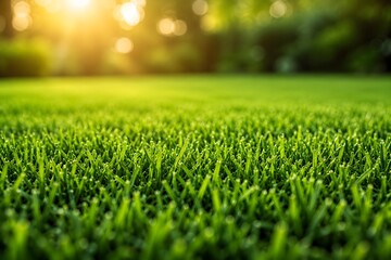 Naklejka premium Close Up View of Fresh Green Lawn with Beautiful Sunset Bokeh Background