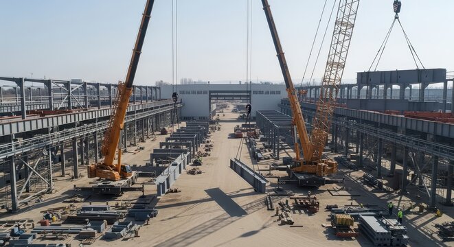Massive cranes erect steel beams for large-scale industrial building construction project