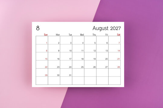 August 2027 blank calendar on purple two tone color background.