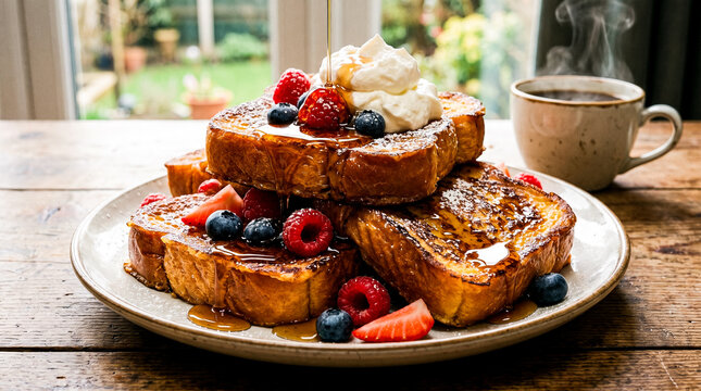 Delicious French toast stacked high and topped with fresh berries, whipped cream, and syrup, served with a steaming cup of coffee for a perfect breakfast.