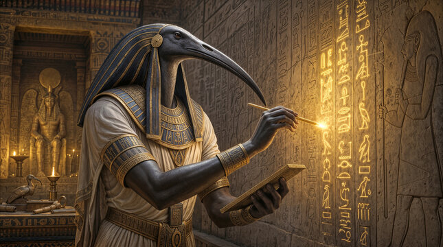Ancient Egyptian deity Thoth writing glowing hieroglyphs on stone wall. Mythological ibis-headed god recording wisdom in temple setting.