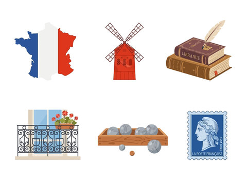 Colorful collection of diverse French cultural icons including a map, windmill, old books, balcony, metal boules and a postage stamp