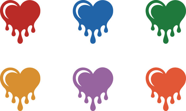 Colorful dripping hearts set representing love and passion in a modern graphic vector style for various design projects