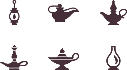 Fototapeta premium Elegant set of stylized ancient oil lamps and a classic lantern icon collection vector illustration
