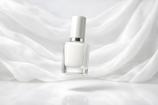 White Nail Polish Bottle on Flowing White Silk Fabric Background Beauty Product Mockup
