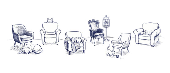 Plakat Vintage armchairs dogs cats illustration with cozy home interior furniture doodles, hand drawn pets sleeping and playing in cozy chairs, monochrome sketch vector set for coloring book or decoration.