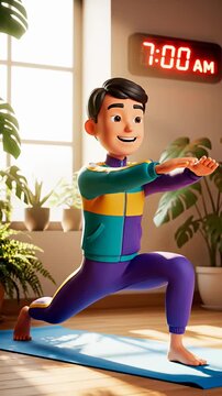 Young boy doing lunges at home in morning.