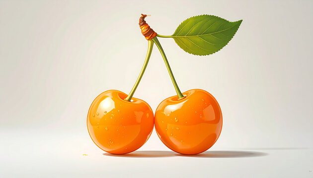 Bright Cherries with Green Leaf on White Background