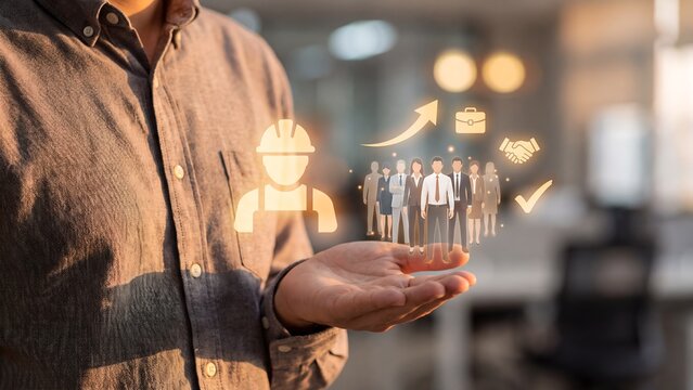 Human resources and recruitment concept, man holding team of business people and worker with hard hat, rising arrow, briefcase, handshake and checkmark icons, employee hiring and workforce management