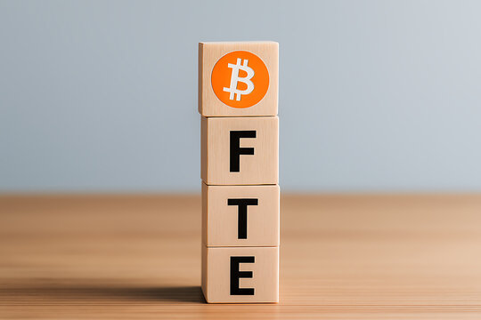 Wooden blocks spelling bitcoin and fte stacked on a light colored wooden surface