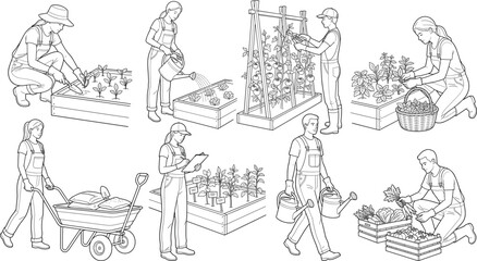 Obraz premium Gardening and Urban Farming Line Art Collection with Gardeners, Raised Beds, Plant Care and Harvest Illustrations