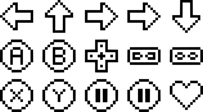 Pixelated arrows and game control buttons, retro 8-bit style icons on white background.
