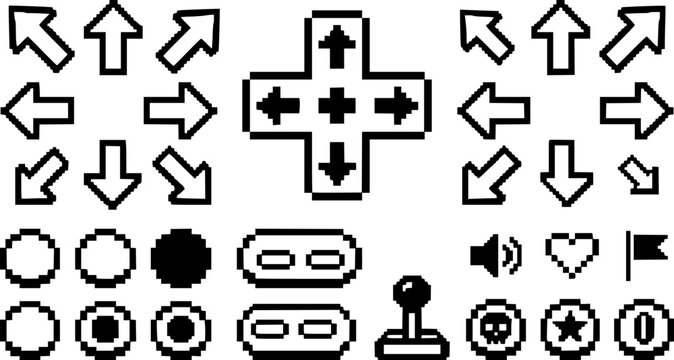 Pixelated arrows and game control buttons, retro 8-bit style icons on white background.
