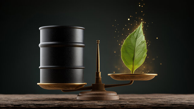 The Balance of Green Energy: A classic scale contrasts a black oil barrel with a vibrant green leaf, symbolizing the shift towards sustainable and eco-friendly power sources.