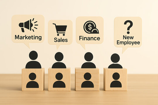 Business role icons with human silhouettes atop wooden block shapes marketing sales