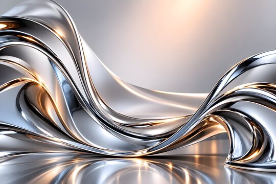 Futuristic Abstract Silver Liquid Metal Waves Background with Warm Light Reflections