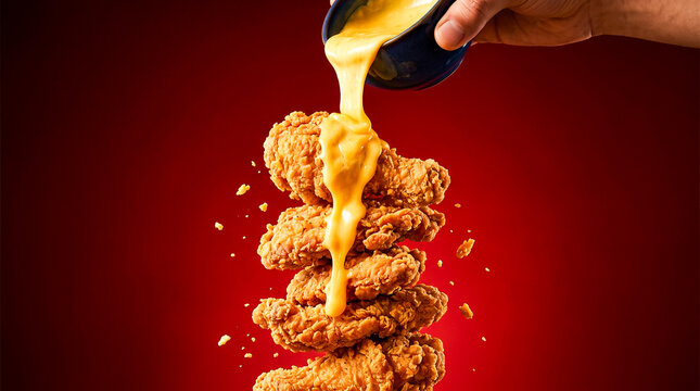 Golden cheese sauce is being poured over a tall stack of crispy fried chicken