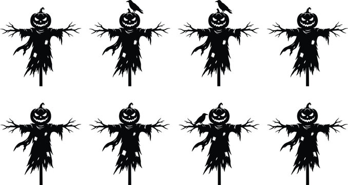 Halloween scarecrow silhouette vector set featuring spooky jack o lantern pumpkin heads and black crows perched on branches for horror design elements