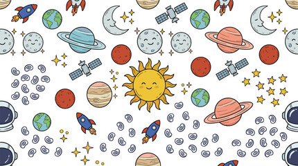 Cute Space Seamless Pattern with Sun, Planets, Rockets, Earth, Moon, Satellites, and Cartoon Solar System Vector Background © Priyanka