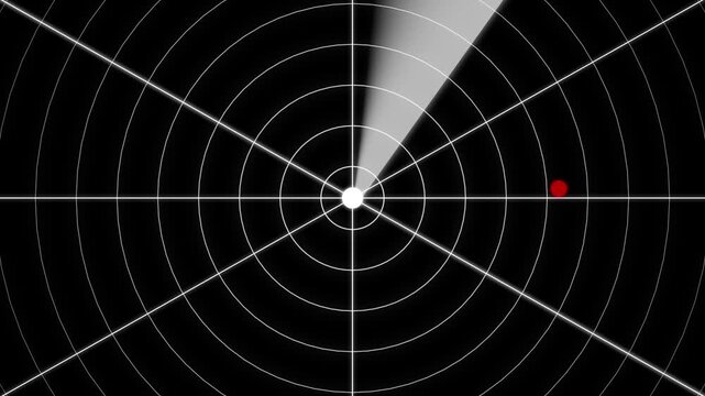 White circular radar screen with grid lines and scanning beam detecting two red target dots on a dark black background for military navigation