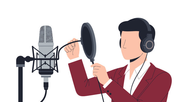 Man Recording Podcast or Voiceover in Professional Studio, Vector Illustration of Audio Equipment and Narrator