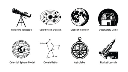 Black and White Illustrations of Various Astronomy and Space Exploration Tools © Fabuji