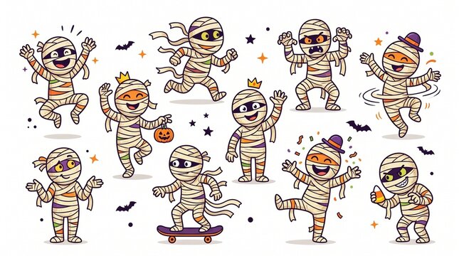 Ten cartoon mummy characters in playful poses, wrapped in bandages, symbolizing spooky humor, Halloween fun, and expressive character design.
