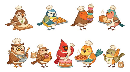 Fototapeta premium Cute Chef Birds Baking Pastries and Bread, Animals, Kawaii, Bakery, Cartoon