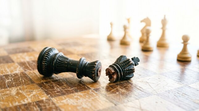 Broken black chess king lying on a worn wooden board representing defeat and strategy challenges in a competitive game environment with blurred pieces